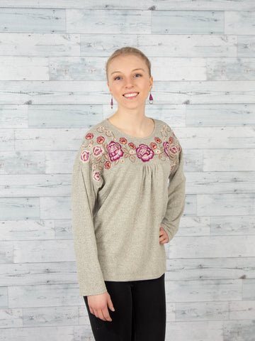 Knit Embroidered Top in Oatmeal