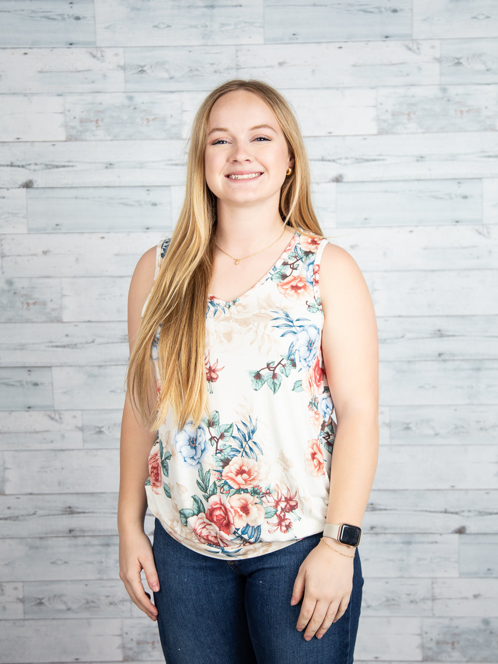 Cream Floral Banded V-Neck Tank