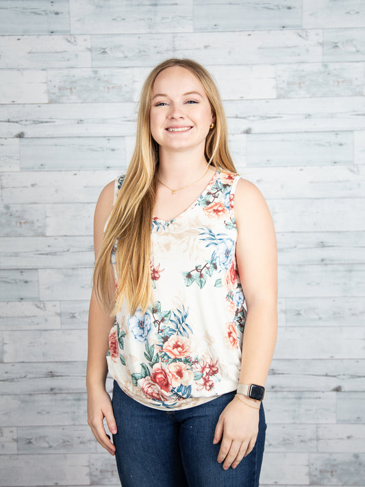 Cream Floral Banded V-Neck Tank